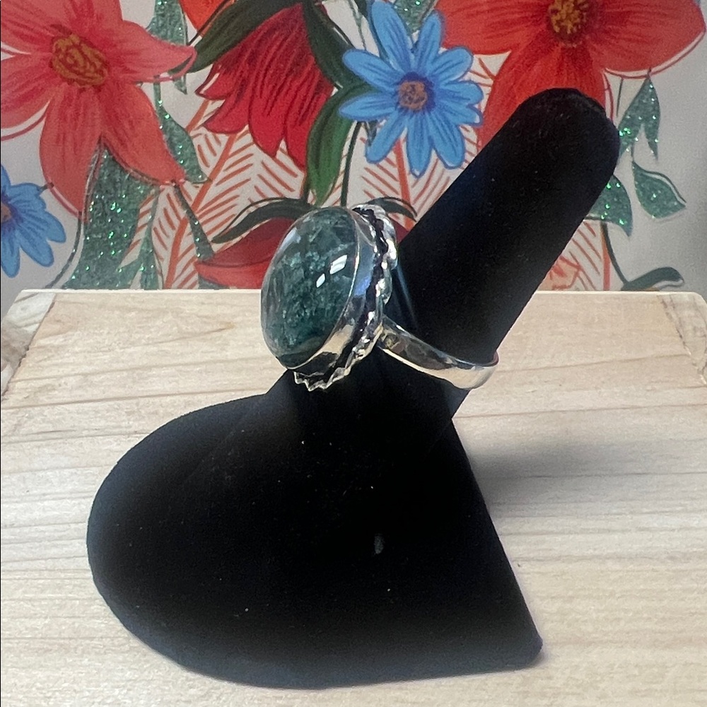 Cabochon Moss Agate Gemstone Silver Plated Ring Size 7 New - Picture 2 of 3